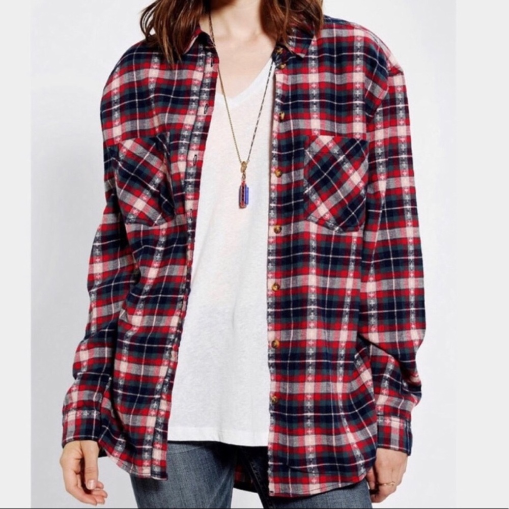 BDG Boyfriend Y2K Holiday Plaid Fair Isle Flannel Button Down Shirt Size S 90’s
